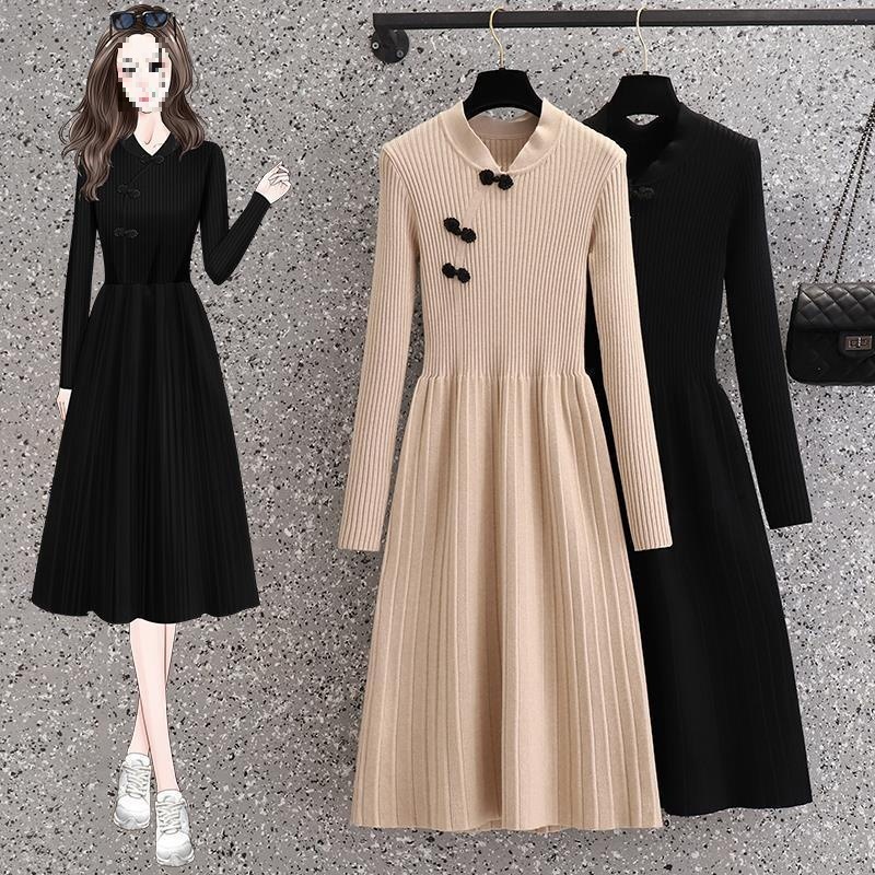 年秋冬女装新款打底毛衣裙中长款国风盘扣改良旗袍针织连衣裙