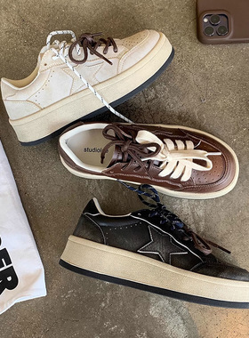 2026春夏复古休闲板鞋厚底增高运动真皮星星做旧小脏鞋葡萄妈同款