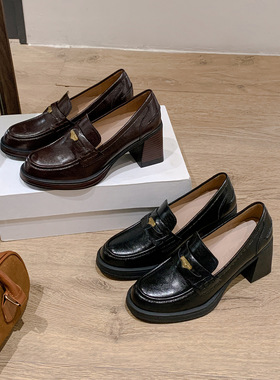 新款乐福鞋女春秋2026新款英伦风粗跟单鞋深口厚底增高金币小皮鞋