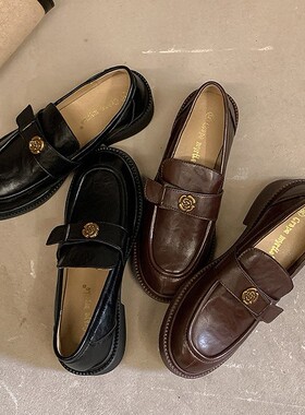 安妮麦坤丨英伦风乐福鞋山茶花一脚蹬休闲单鞋厚底复古黑色小皮鞋