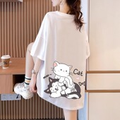 纯棉休闲潮上衣宽松遮肚显瘦短袖 胖mm300斤大码 百搭夏季 t恤女圆领