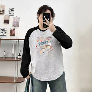 休闲撞色插肩纯棉上衣体恤衫 胖妹妹大码 2025秋季 t恤时尚 拼接长袖