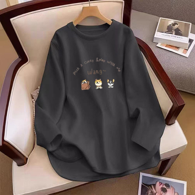 秋季2025新款遮肚子中长款大码弧形德绒打底衫上衣宽松长袖t恤女