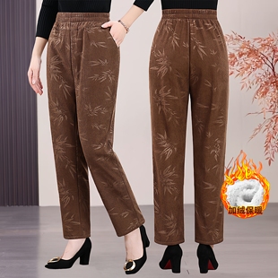 休闲裤 宽松高腰中国风女装 加绒中老年条绒松紧新款 灯芯绒妈妈长裤