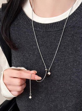 韩系银色方糖钛钢抽拉项链女独特设计秋冬长款毛衣链时尚百搭配饰
