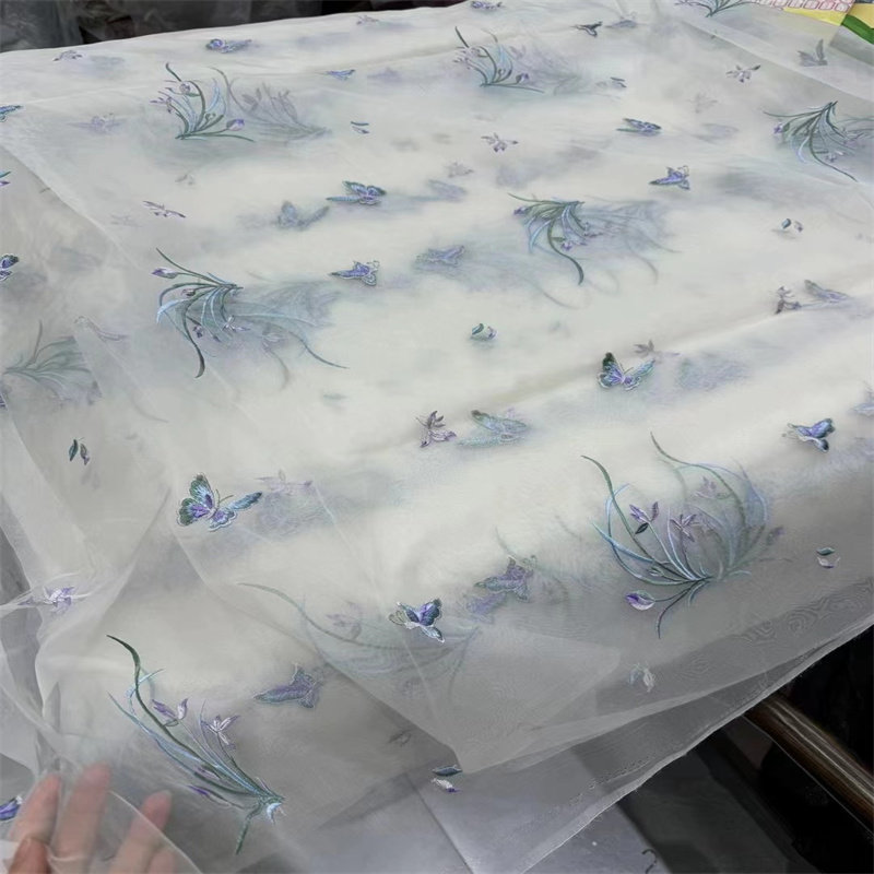 春夏新品清爽幽兰重工刺绣欧根纱真丝面料高定系列上衣连衣裙布料
