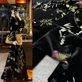 庄周梦蝶黑底真丝烂花绒丝绒面料 国风系列旗袍连衣裙服装布料
