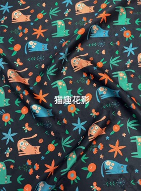 黑色底卡通猫咪红云纱真丝布料春夏吊带连衣裙100%桑蚕丝服装布料