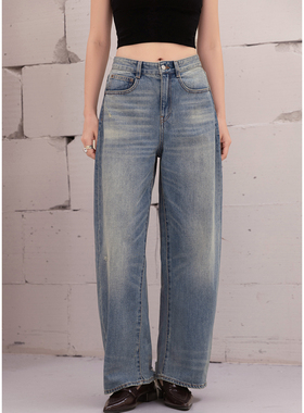 宽松阔腿牛仔裤女士2025新款设计感水洗浅蓝色高腰破洞直筒裤子