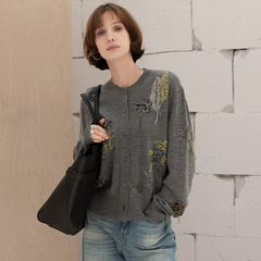 灰色针织开衫外套女士2025新款秋季气质长袖羊毛宽松毛衣薄款上衣