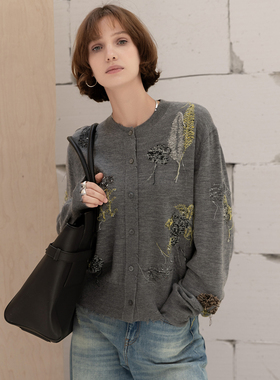 灰色针织开衫外套女士2025新款秋季气质长袖羊毛宽松毛衣薄款上衣