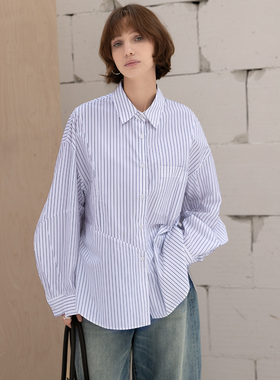 条纹衬衫女2025新款早秋设计感小众高级纯棉休闲叠穿长袖白色上衣