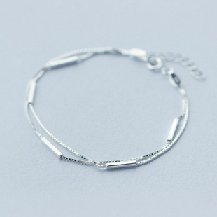 原创设计S925纯银文艺韩版简约一字条形棍双层手链女款细手环饰品