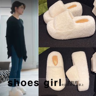 亲爱的仇敌陈凯西陈妍希同款拖鞋一字毛毛拖鞋女8厘米厚底凉拖鞋
