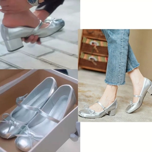 念念有词桑鹿刘念同款鞋子银色玛丽珍鞋圆头蝴蝶结百搭粗跟高跟鞋