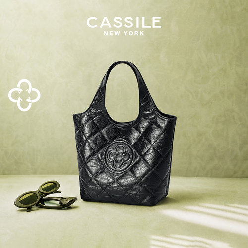CASSILE卡思乐绗缝MINI马甲手提菜篮包黑色头层牛皮通勤小斜挎包