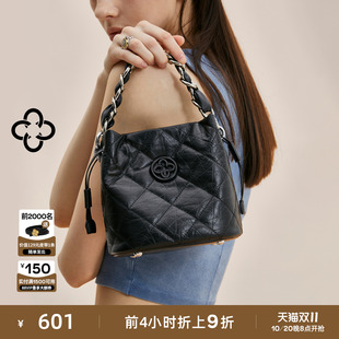 CASSILE卡思乐女包牛皮菱格水桶包单肩斜挎黑色手拎包休闲手提包