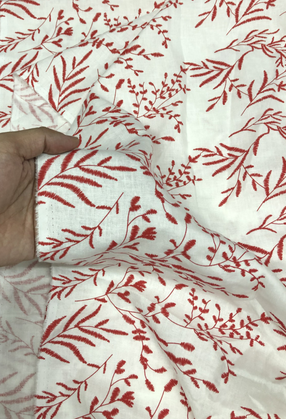 本白底红色叶子印花亚麻柔软