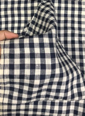 色织藏青白朝阳格纯亚麻柔软