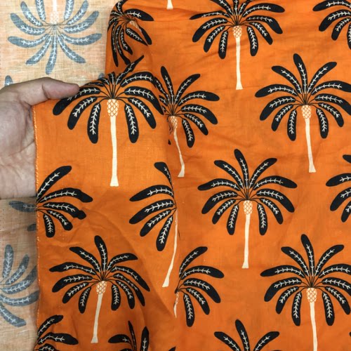 橘红底印幸运树花亚麻柔软