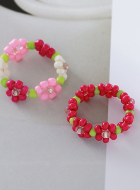 手工编织花朵串珠小清新戒指