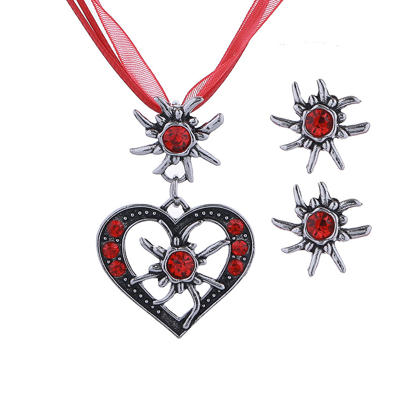 复古爱心雪绒花造型项链耳环套装跨境欧美啤酒节金属饰品女配饰