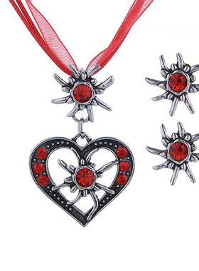 复古爱心雪绒花镶钻项链耳环套装