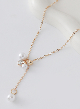 设计师款珍珠水钻项链女金色锁骨