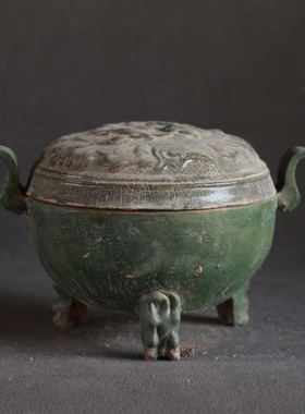 唐三彩陶瓷三足鼎摆件粮仓瓶古代汉绿釉三足炉古代古典装饰艺术品