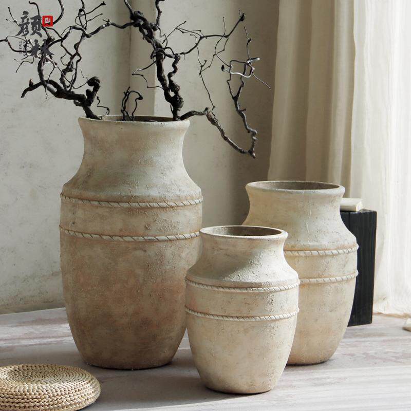 侘寂风复古大花瓶客厅落地茶室氛围布置水泥花盆商场装饰陶罐组合