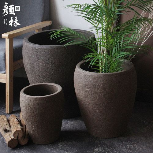 粗陶紫砂盆大码北欧风陶罐花盆粗砂盆缸种树咖色花盆组合花盆大口
