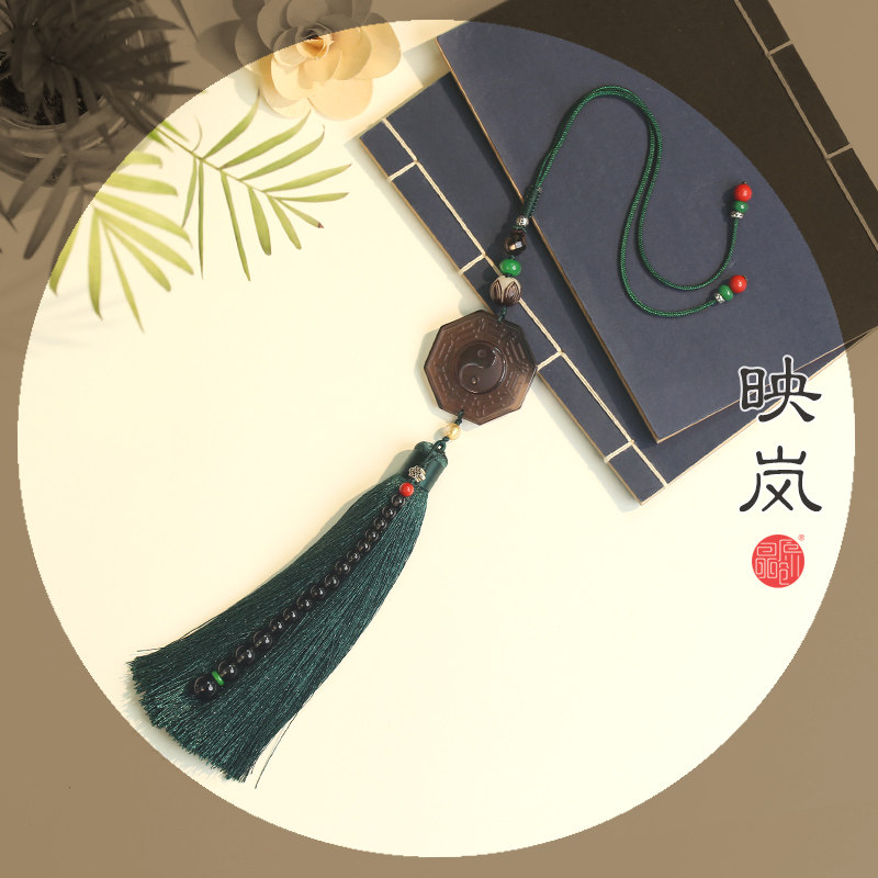 原创黑曜石阴阳八卦流苏车挂