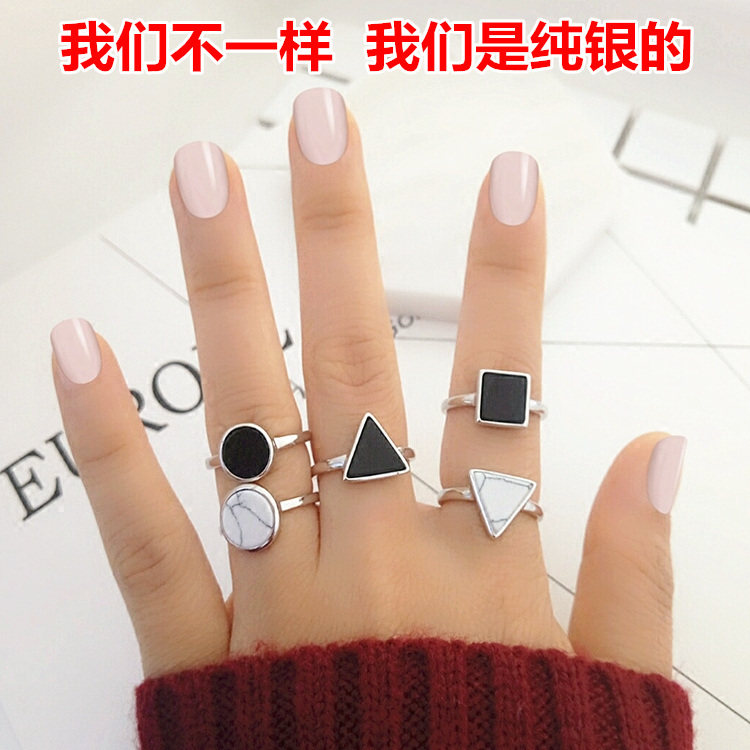 几何形状大理石纯银开口戒指