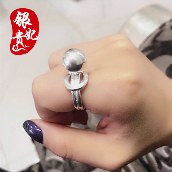 日韩版个性创意大银珠 s925纯银纯手工素银活口调节戒指大气女款