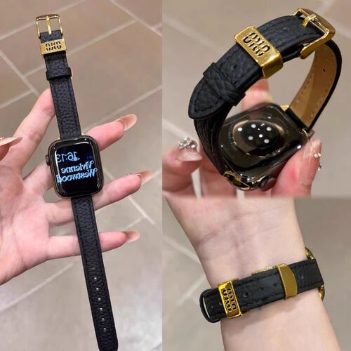 小香风荔枝纹真皮适用苹果S11手表表带iwatch10代新款SE女987腕带