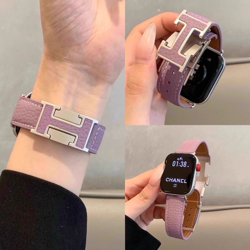 适用苹果手表iwatch10表带新款荔枝皮H扣拼色876高级感S9女se真皮