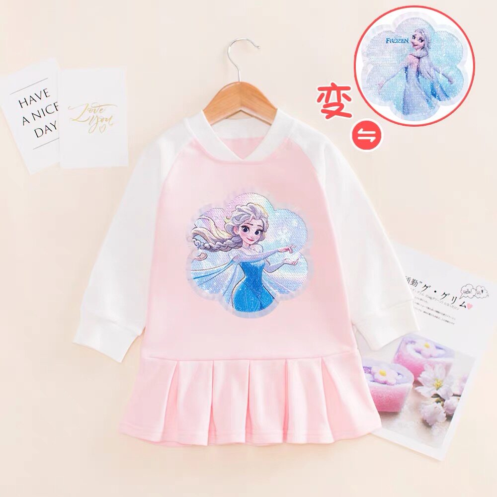 女童秋装纯棉卫衣裙女孩冰雪奇缘亮片变色衣服女宝爱莎公主连衣裙