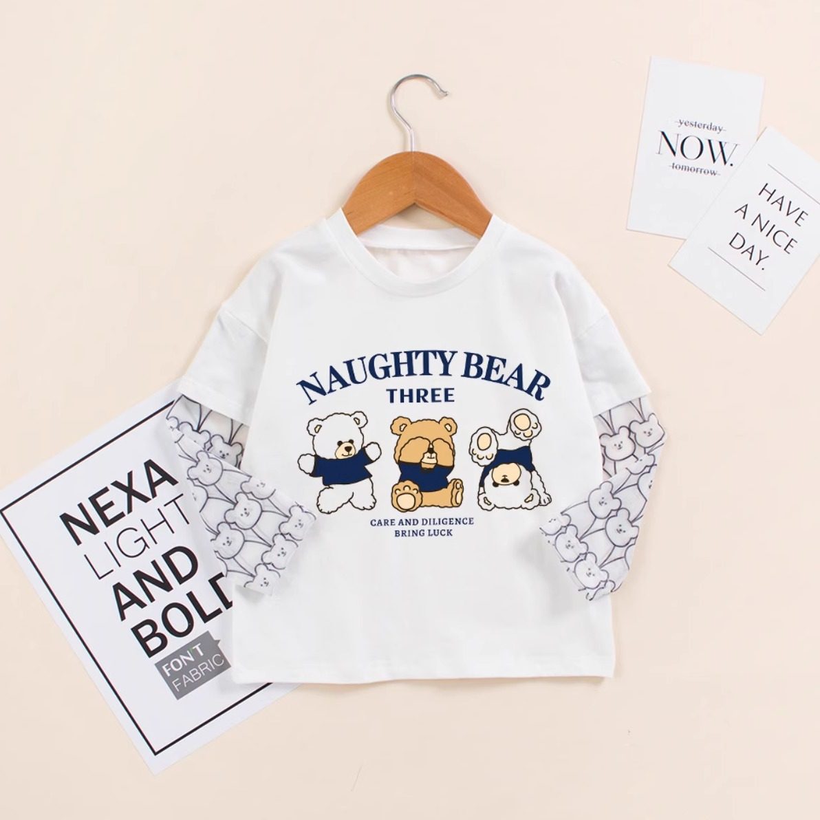 儿童夏季假两件防晒上衣男童冰丝防蚊长袖t恤小童小熊网纱袖衣服