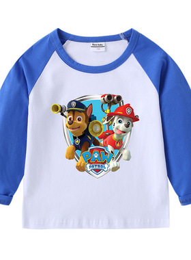 2020汪汪队春秋季儿童纯棉蓝色插肩T恤圆领长袖上衣打底衫男童宝