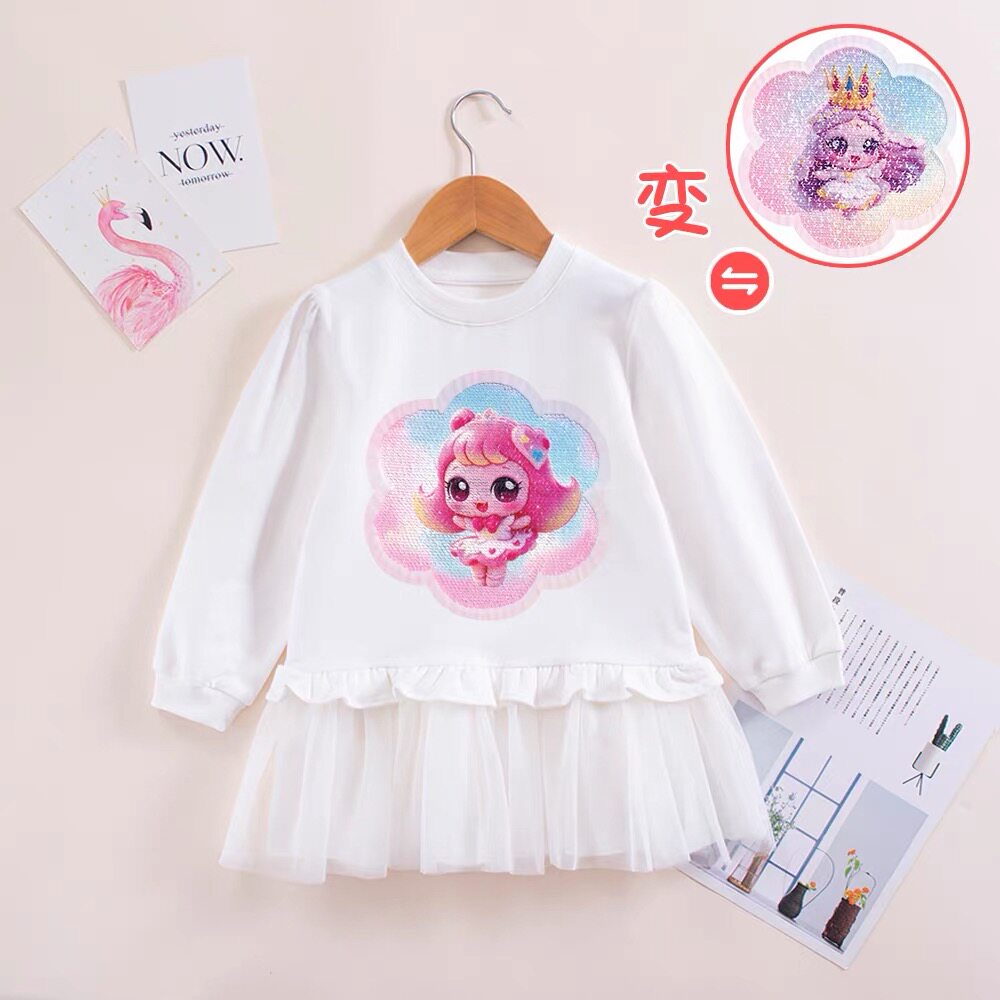 女宝宝秋装连衣裙女孩奇妙萌可亮片变色衣服女童洋气甜美网纱裙子