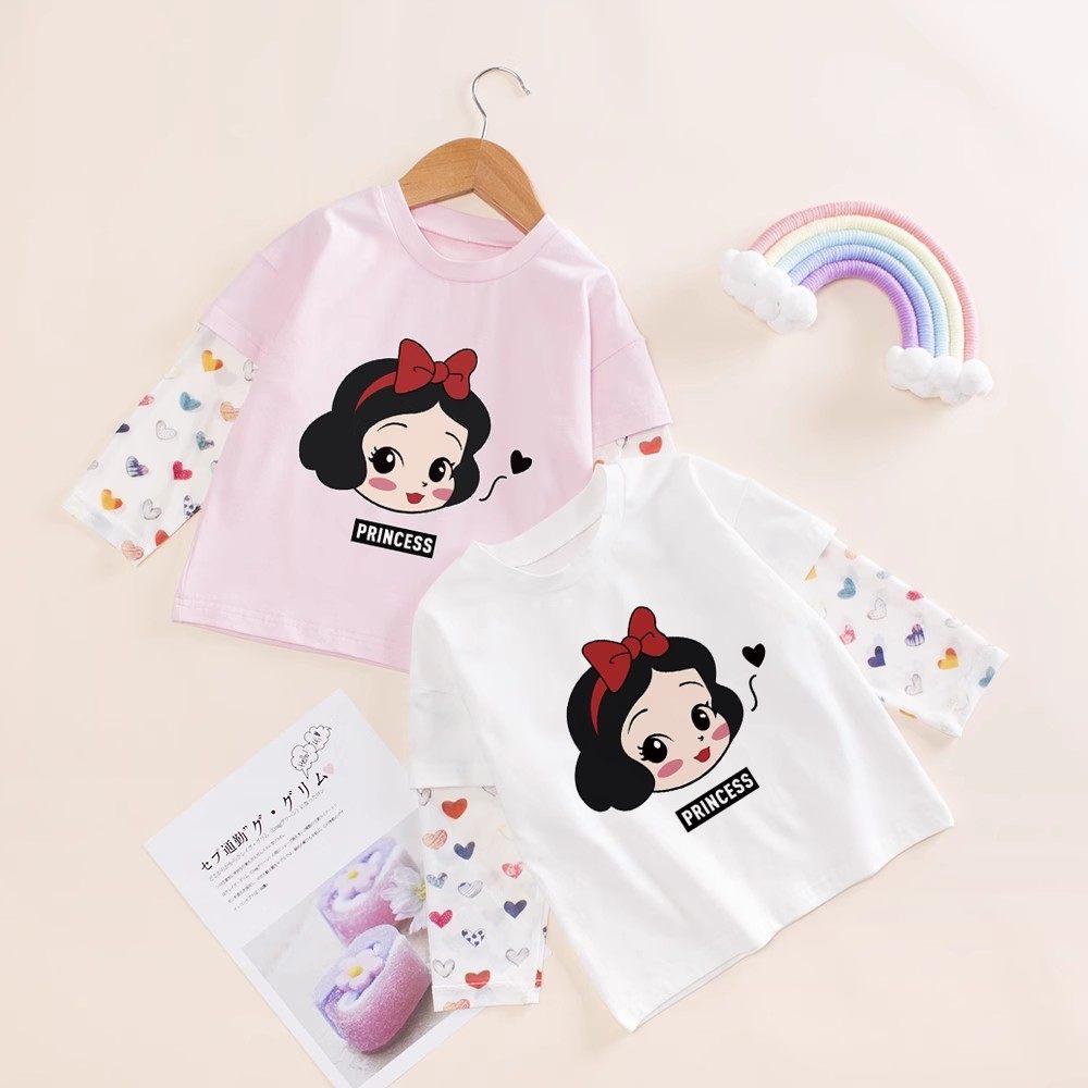 儿童夏装纯棉假两件T恤宝宝防蚊长袖女童白雪公主薄款冰丝袖t恤衫