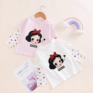 儿童夏装纯棉假两件T恤宝宝防蚊长袖女童白雪公主薄款冰丝袖t恤衫