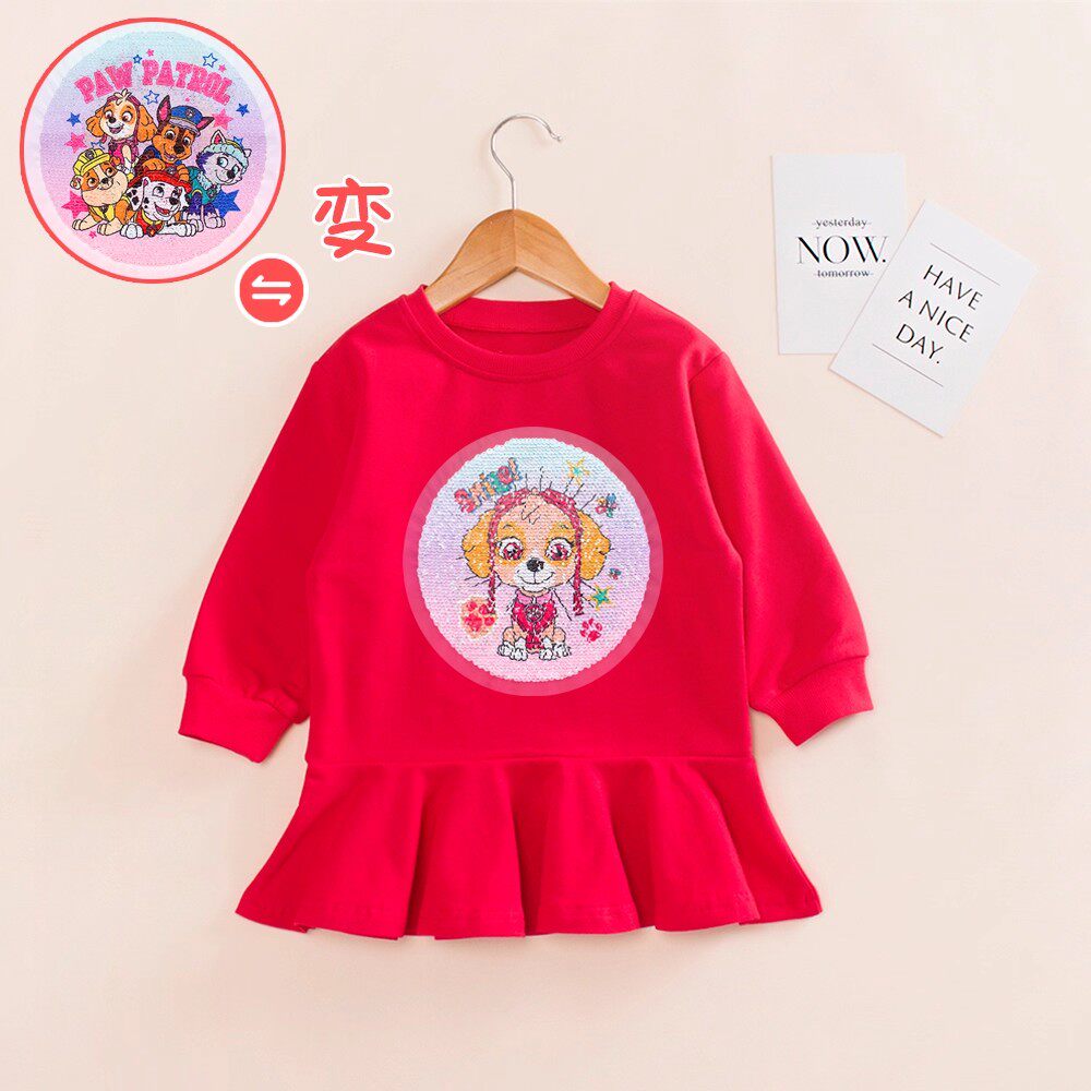 女童汪汪队裙子女宝宝亮片变色连衣裙女孩亮片变图案衣服秋卫衣裙