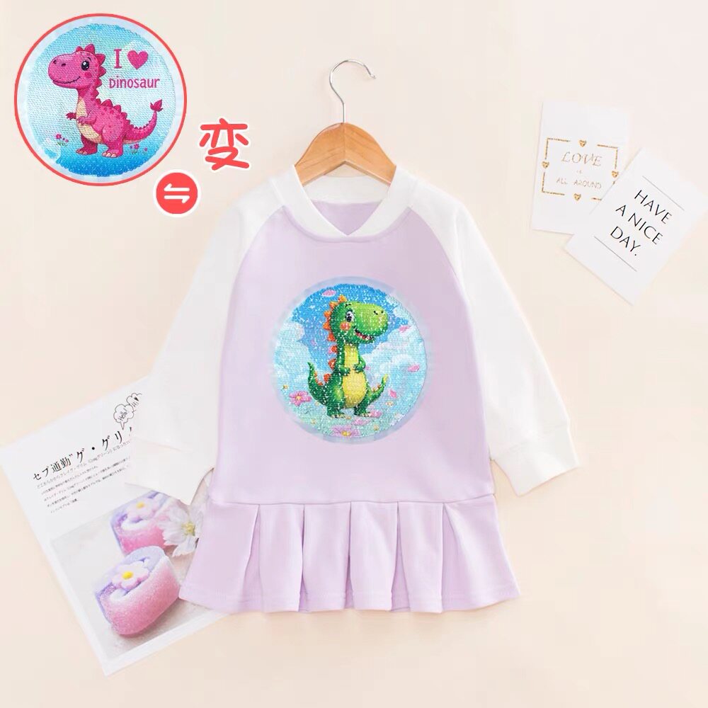 女宝宝春秋小恐龙裙子女童纯棉卫衣裙儿童亮片可变图案连衣裙长袖