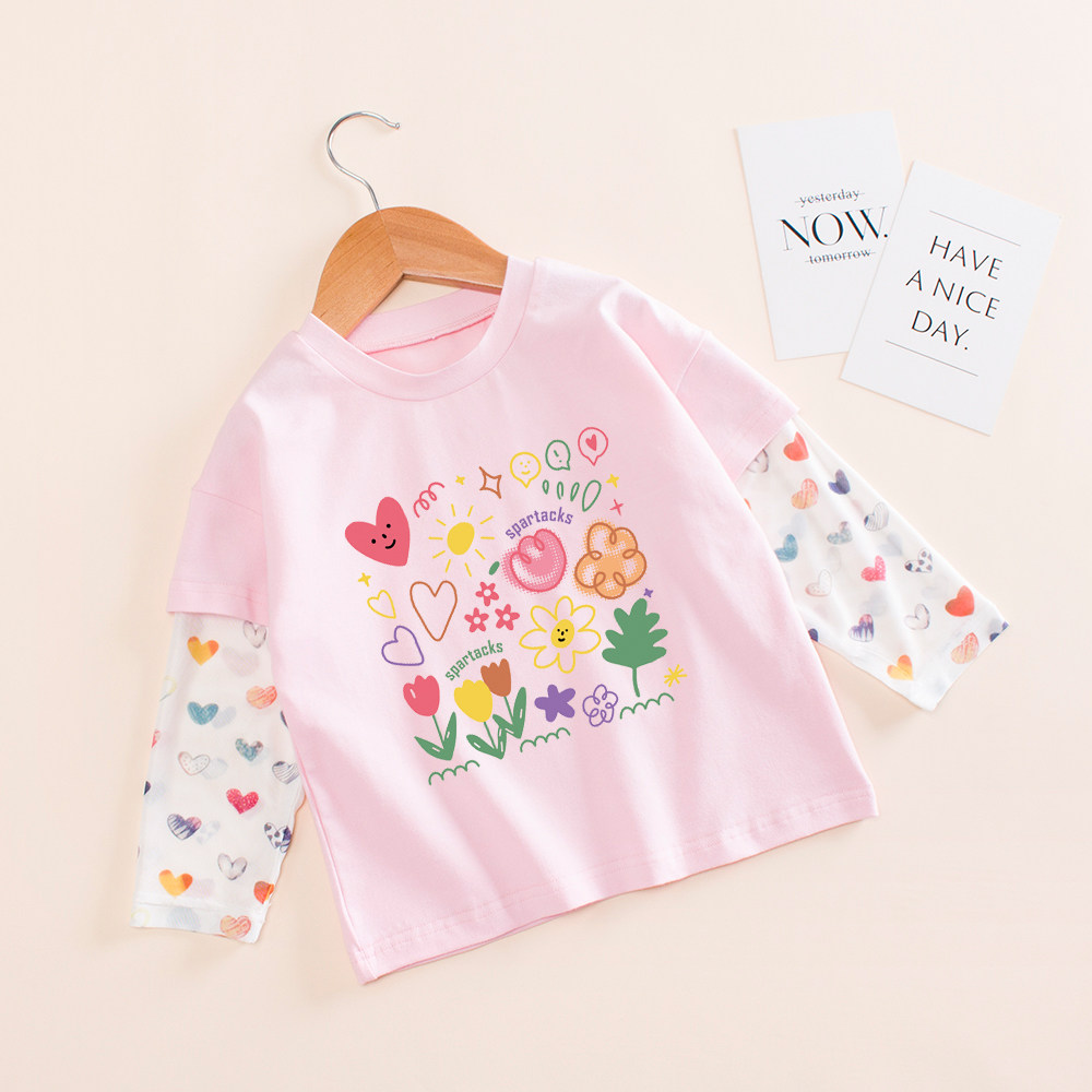 宝宝防蚊长袖女童夏装网纱袖拼接假两件T恤儿童薄款冰丝袖防晒衣