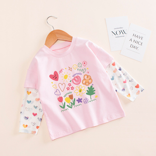 宝宝防蚊长袖女童夏装网纱袖拼接假两件T恤儿童薄款冰丝袖防晒衣