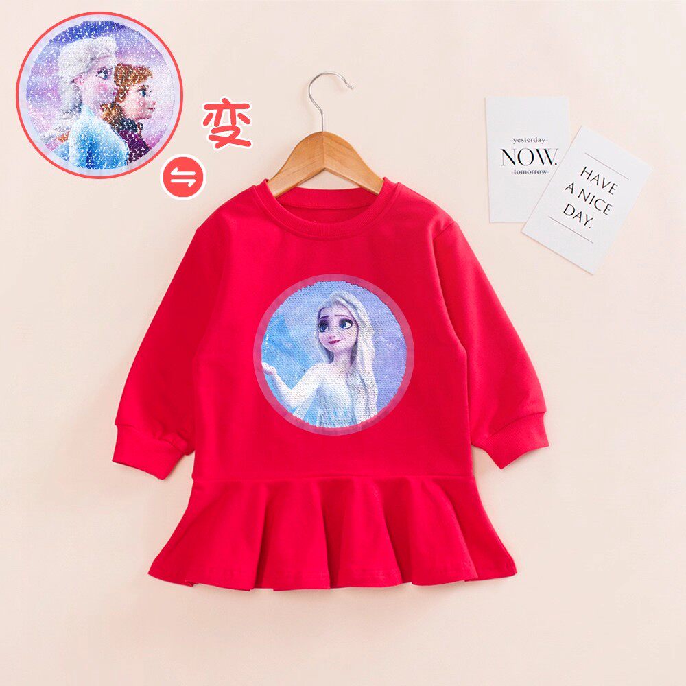 女童秋装连衣裙女孩亮片变色衣服女宝宝冰雪奇缘艾莎公主亮片裙子
