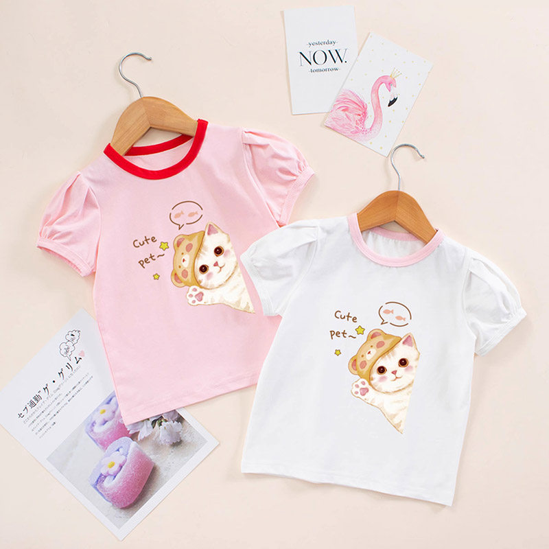 女童夏装可爱猫咪短袖女孩纯棉t恤衣服儿童夏季洋气小猫半袖上衣