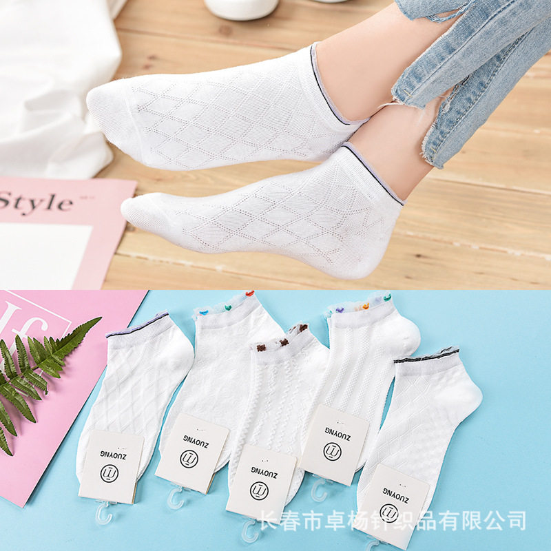 卓扬女船袜网眼蕾丝边短筒泡泡女棉袜韩版糖果色女袜夏季厂家十双