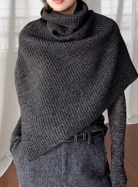 法式黑色高领针织围巾女冬季高级感外搭叠穿开叉套头披肩斗篷围脖